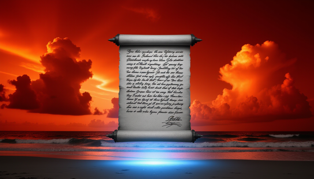 An image of an old scroll with cursive writing on it in ink with two signatures at the bottom which is floating over a beach at twilight. In the background there are orange glowing storm clouds and breaking waves.