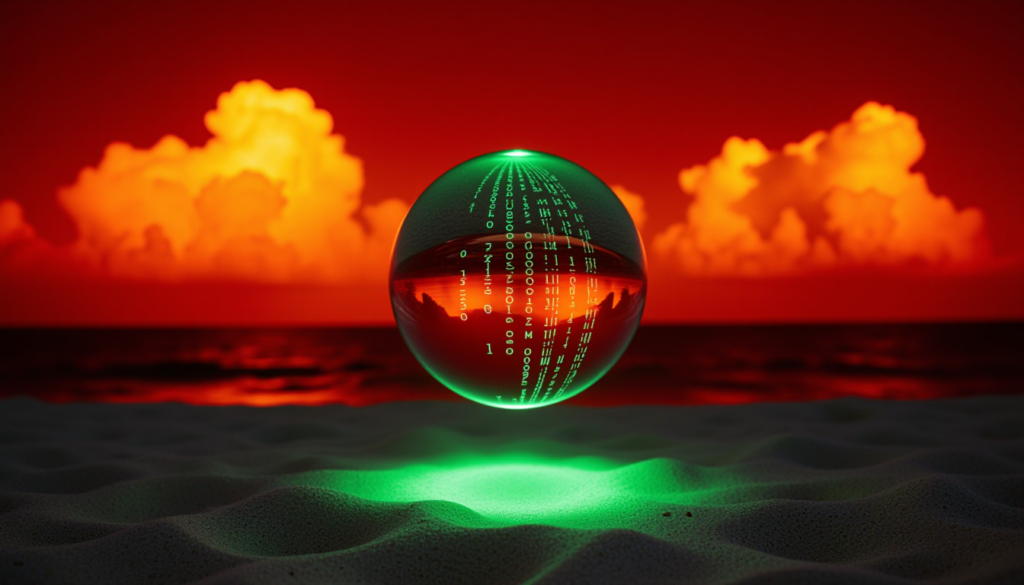 Image of a crystal ball floating in mid air on a beach at twilight. Behind it is the ocean and orange storm clouds. In the ball are columns of green letters resembling the Matrix Digital rain effect. Below the ball, the sand is lit by bright green light.