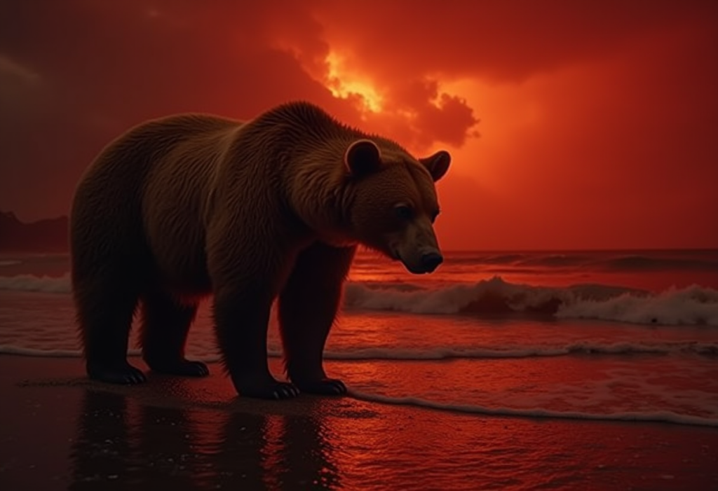 an image of a large brown bear standing on a beach with fiery orange clouds in the background shot at twilight. Waves washing on the shore.
